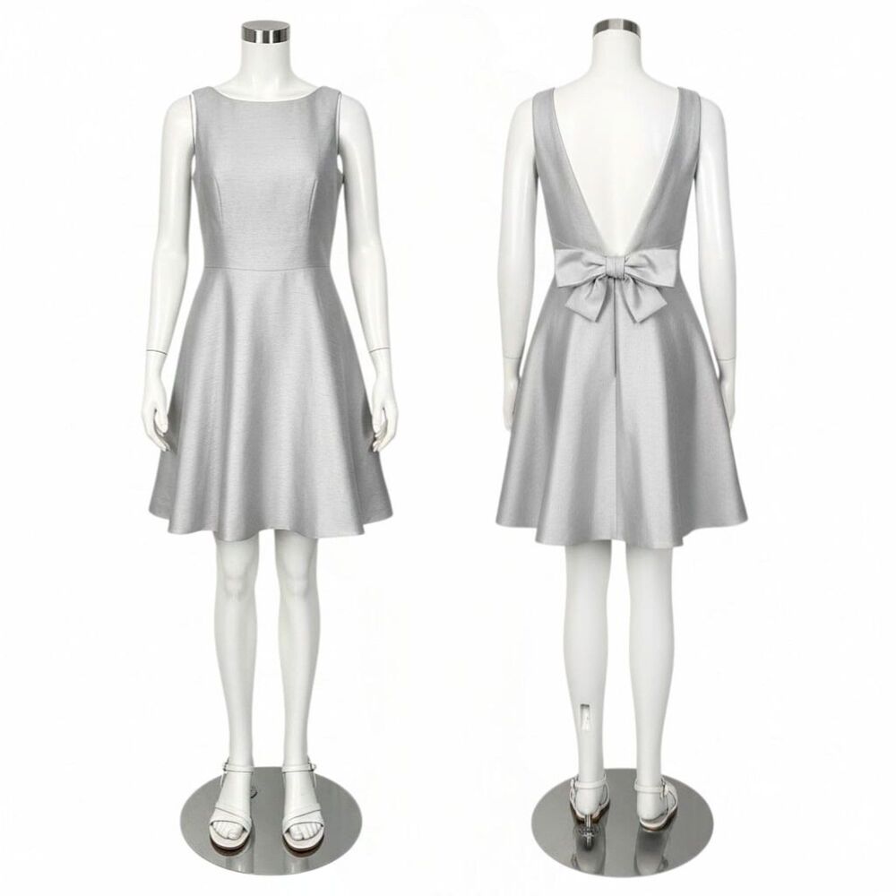 Alfred Sung Dove Gray A-Line Bow Cocktail Dress Sz 8 | Audrey Hepburn Jackie-O